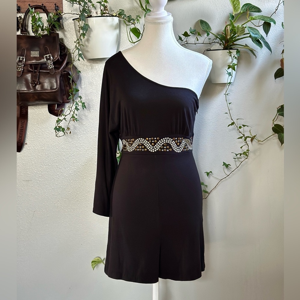 Baby Phat One-Shoulder Studded Waist Black Romper Size S